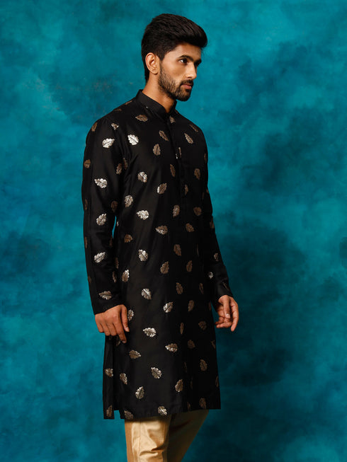 Men's Black Leaf Motif Embellished Kurta